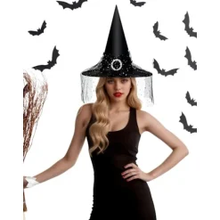 Heksehat til kvinder, blonde mesh, elegant kostume, troldmandskostume tilbehør til cosplayfester Black Lace