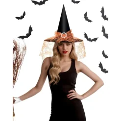 Heksehat til Kvinder, Mesh Blonder Fancy Dress Troldmand Kostume Tilbehør til Cosplay Fester Orange Lace