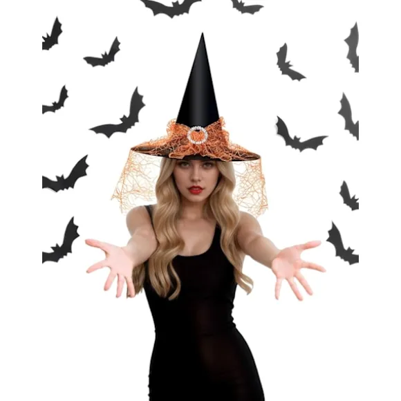 Heksehat til Kvinder, Mesh Blonder Fancy Dress Troldmand Kostume Tilbehør til Cosplay Fester Orange Lace