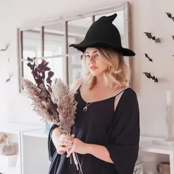 Heksehatte i strikket uld til kvinder, til Halloween-fest, maskebal