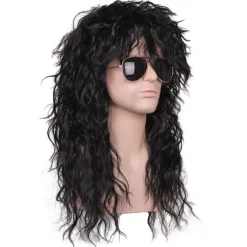 Herre 80'er Lang Krøllet Sort Rocker Kostume Paryk