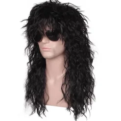 Herre 80'er Lang Krøllet Sort Rocker Kostume Paryk