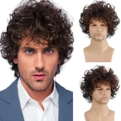 Herre Parykker Mørkebrun Kort Krøllet Lagdelt Cosplay Halloween Karakter Kostume Paryk 1stk