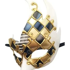 Herremaske til maskerade (guld/sort), vintage venetiansk ternet Mardi Gras musikalsk festmaske