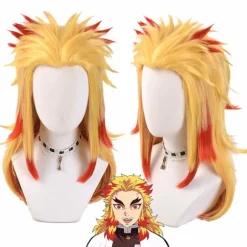 Højtemperaturfiber parykker til mænd og kvinder til mandlig fest Halloween Kimetsu no Yaiba kort cosplay-paryk syntetisk (Rengoku Kyo-FF-