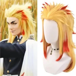 Højtemperaturfiber parykker til mænd og kvinder til mandlig fest Halloween Kimetsu no Yaiba kort cosplay-paryk syntetisk (Rengoku Kyo-FF-