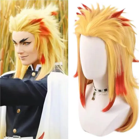 Højtemperaturfiber parykker til mænd og kvinder til mandlig fest Halloween Kimetsu no Yaiba kort cosplay-paryk syntetisk (Rengoku Kyo-FF-
