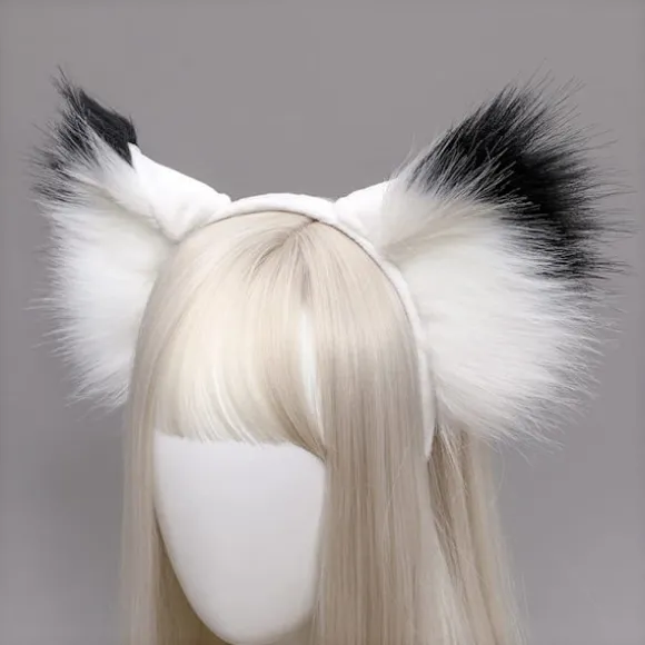 Håndlavede dyreører pandebånd fluffy ulv ræv kat ører hovedbeklædning til cosplay fest Lolita kostume tilbehør (hvid sort)
