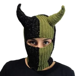 Håndvævet Balaclava Hue til Teenagere Strikket Pullover Beanie Hue Cosplay Kostume Horn Hue Udendørs Aktivitet Vandreture Ski Hue blå grøn Black and green stit | Fyndiq