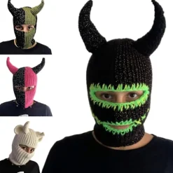 Håndvævet Balaclava Hue til Teenagere Strikket Pullover Beanie Hue Cosplay Kostume Horn Hue Udendørs Aktivitet Vandreture Ski Hue blå grøn Black and green stit | Fyndiq