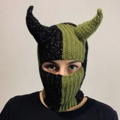 Håndvævet Balaclava-hue til teenagere Strikket Pullover Beanie Cosplay Kostume Hornhue Udendørsaktivitet Vandring Skihue blue green