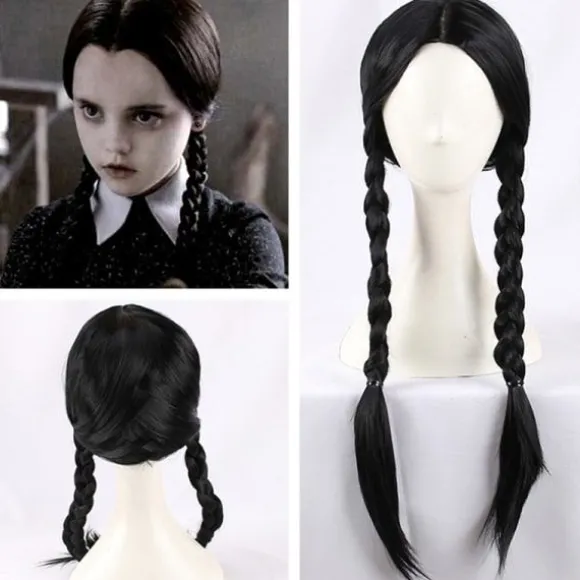 IC Addams Family onsdag Addams Cosplay Paryk Sorte Fletninger Syntetisk Sort One Size