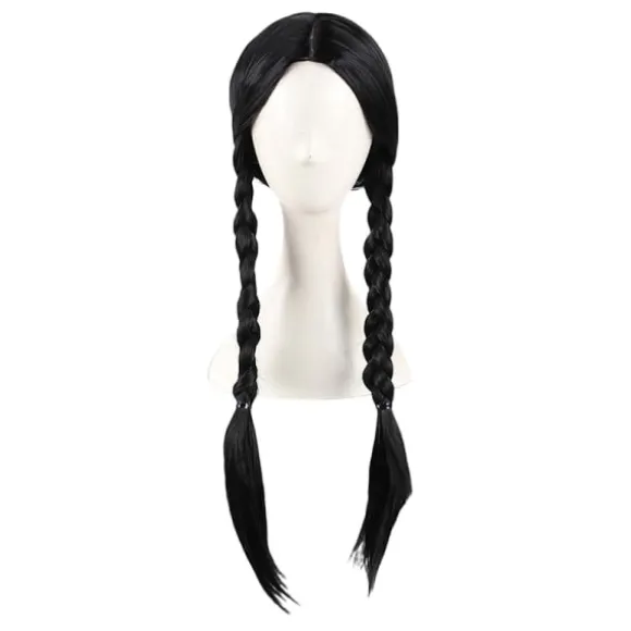 IC Addams Family onsdag Addams Cosplay Paryk Sorte Fletninger Syntetisk Sort One Size