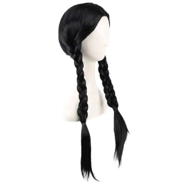 IC Addams Family onsdag Addams Cosplay Paryk Sorte Fletninger Syntetisk Sort One Size