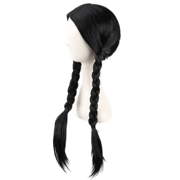 IC Addams Family onsdag Addams Cosplay Paryk Sorte Fletninger Syntetisk Sort One Size