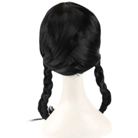 IC Addams Family onsdag Addams Cosplay Paryk Sorte Fletninger Syntetisk Sort One Size