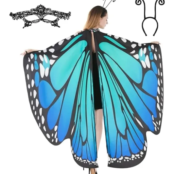 IC Butterfly Wing Cape-sjal med spidsmaske og pandebånd med sort fløjlantenne