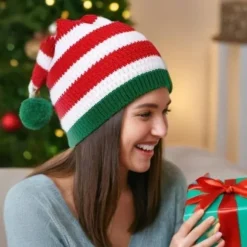 Julehatte til voksne, Elverhatte med lang hale, troldmandsstil, strikket hat til juletiden, festligt juletema, unisex design, vinter Red, White, Green | Fyndiq