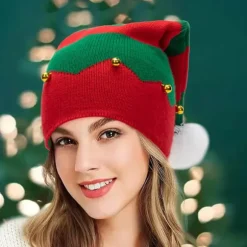 Julemandshue Elf Julebeaniehat til Kvinder Mænd Varmt Strikket Hat med Poms Jule Nytår Fest Red Green Medium