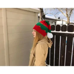 Julemandshue Elf Julebeaniehat til Kvinder Mænd Varmt Strikket Hat med Poms Jule Nytår Fest Red Green Medium