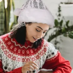 Julemandshue til Voksne, Deluxe Hvid Fløjl Julemandshue med Blødt For, Julemandshue med Rød Silke til Mænd og Kvinder (FMY) Red
