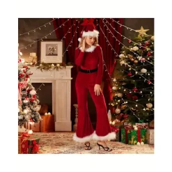 Julemandskostume til kvinder, jumpsuit med imiteret pels og bælte i polyester red l