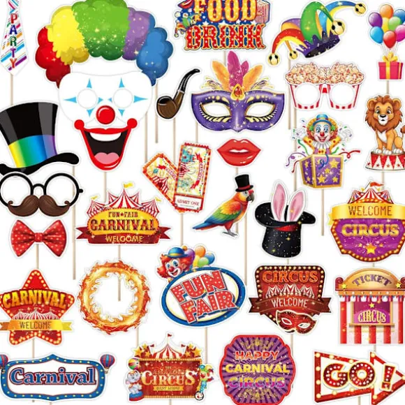 Karneval Foto Booth Rekvisitter, 30 stk. Cirkus Karneval Foto Rekvisitter - Karneval Tema Fest Dekorationer Selfie Billed Rekvisitter, Cirkus Foto Booth Rekvisitter Fest | Fyndiq