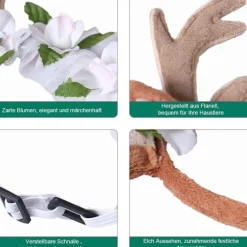 Katte Kostume, Jule Hovedbøjle, Rensdyr Gevir, Katte- og Hundehovedbeklædning med Blomster til Katte og Små Hunde
