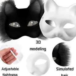 Kattemaske med pels og mesh-øje, blanke papirmasker til gør-det-selv, hvide malepapirmasker, kattemaske til gør-det-selv Halloween Mardi Gras-fest{AZC} Black-29pcs | Fyndiq