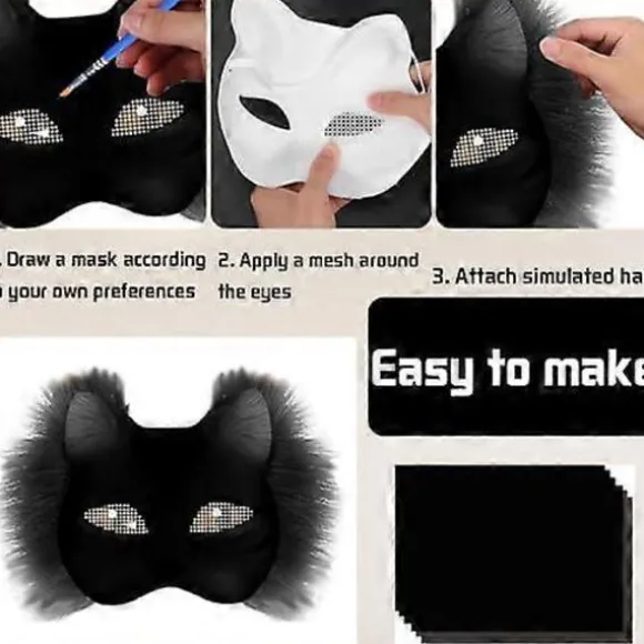 Kattemaske med pels og mesh-øje, blanke papirmasker til gør-det-selv, hvide malepapirmasker, kattemaske til gør-det-selv Halloween Mardi Gras-fest{AZC} Black-29pcs | Fyndiq