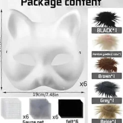 Kattemaske med pels og mesh-øje, blanke papirmasker til gør-det-selv, hvide malepapirmasker, kattemaske til gør-det-selv Halloween Mardi Gras-fest Noir-29pcs | Fyndiq