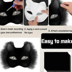 Kattemaske med pels og mesh-øje, blanke papirmasker til gør-det-selv, hvide malepapirmasker, kattemaske til gør-det-selv Halloween Mardi Gras-fest Noir-29pcs | Fyndiq
