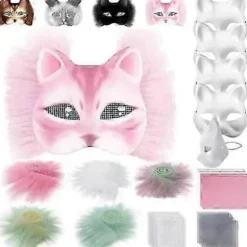 Kattemaske med pels og netøje, DIY blanke papirmasker, hvide malepapirmasker, kattemaske til DIY Halloween Mardi Gras-fest Rose-29pcs