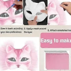 Kattemaske med pels og netøje, DIY blanke papirmasker, hvide malepapirmasker, kattemaske til DIY Halloween Mardi Gras-fest Rose-29pcs