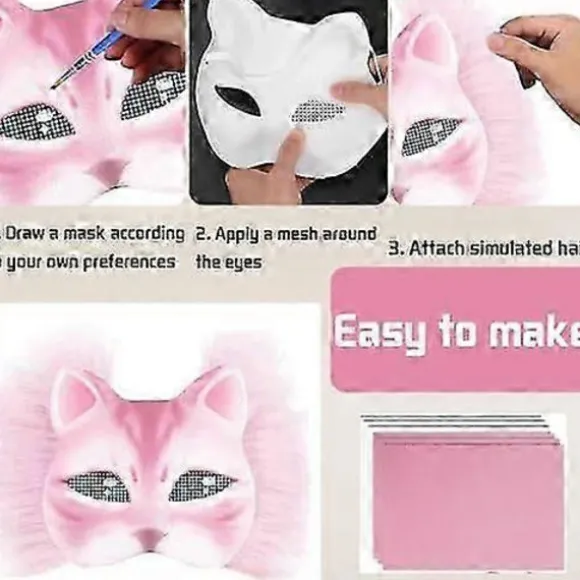 Kattemaske med pels og netøje, DIY blanke papirmasker, hvide malepapirmasker, kattemaske til DIY Halloween Mardi Gras-fest Rose-29pcs