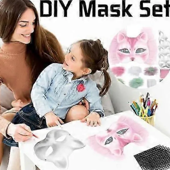 Kattemaske med pels og netøje, DIY blanke papirmasker, hvide malepapirmasker, kattemaske til DIY Halloween Mardi Gras-fest Rose-29pcs