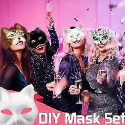 Kattemaske med pels og netøje, DIY blanke papirmasker, hvide malepapirmasker, kattemaske til DIY Halloween Mardi Gras-fest Rose-29pcs