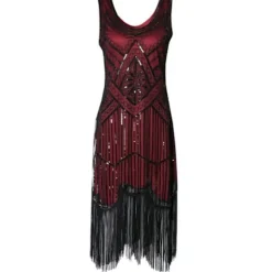 Kjole Great Gatsby Kostumefest Pailletter Frynser Vintage Kjole Sort rød '-PO-' Black red S