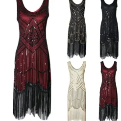 Kjole Great Gatsby Kostumefest Pailletter Frynser Vintage Kjole Sort rød '-PO-' Black red S
