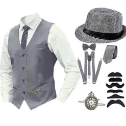 [KK] 8 dele mænd 1920'er Gatsby Gangster kostume med tilbehør Halloween Cosplay Karnevalsfestkostumer Grey 4XL