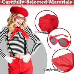[KK] Fransk kostumesæt fra 1980'erne Fransk baret hat solbriller tørklæde handsker Fransk kunstnersæt kompatibelt med Halloween Cosplay Karneval red glasses | Fyndiq