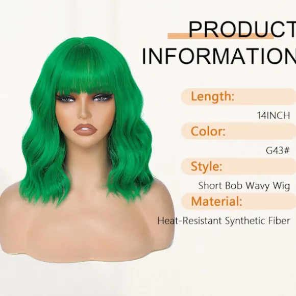 Kort bølget ingefærparyk med pandehår, hvid farverigt cosplayhår til kvinder daglig fest Halloween, varmebestandig syntetisk fiber Green