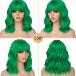 Kort bølget ingefærparyk med pandehår, hvid farverigt cosplayhår til kvinder daglig fest Halloween, varmebestandig syntetisk fiber Green