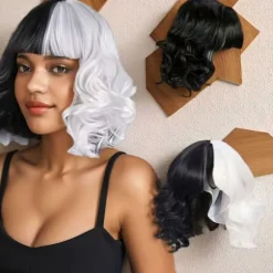 Kort Krøllet Paryk Sort Hvid To-tonet Pandehår Kostumefester Cosplay Halloween Black And White Color 35.56cm