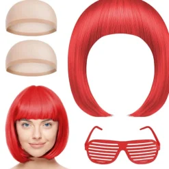 Kort Paryk og Solbrille Sæt, Dame Parykker, Neon Kort Paryk, Farverige Cosplay Paryk Hårdele, til Polterabend Festartikler, 35cm, Rød