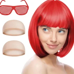 Kort Paryk og Solbrille Sæt, Dame Parykker, Neon Kort Paryk, Farverige Cosplay Paryk Hårdele, til Polterabend Festartikler, 35cm, Rød