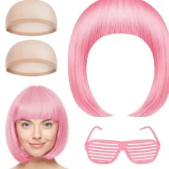 Kort Paryk og Solbrillesæt, Dame Parykker, Neon Kort Paryk, Farverige Cosplay Parykhårdele, til Polterabend, 35 cm, Pink