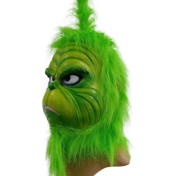 Kostumemaske med grønt pels til jule-cosplayfest, latexrekvisitter, grøn monstermaske, søde grønne rekvisitter til have- og terrassefest, grøn