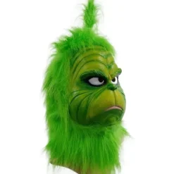 Kostumemaske med grønt pels til jule-cosplayfest, latexrekvisitter, grøn monstermaske, søde grønne rekvisitter til have- og terrassefest, grøn