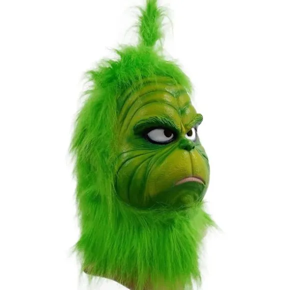 Kostumemaske med grønt pels til jule-cosplayfest, latexrekvisitter, grøn monstermaske, søde grønne rekvisitter til have- og terrassefest, grøn